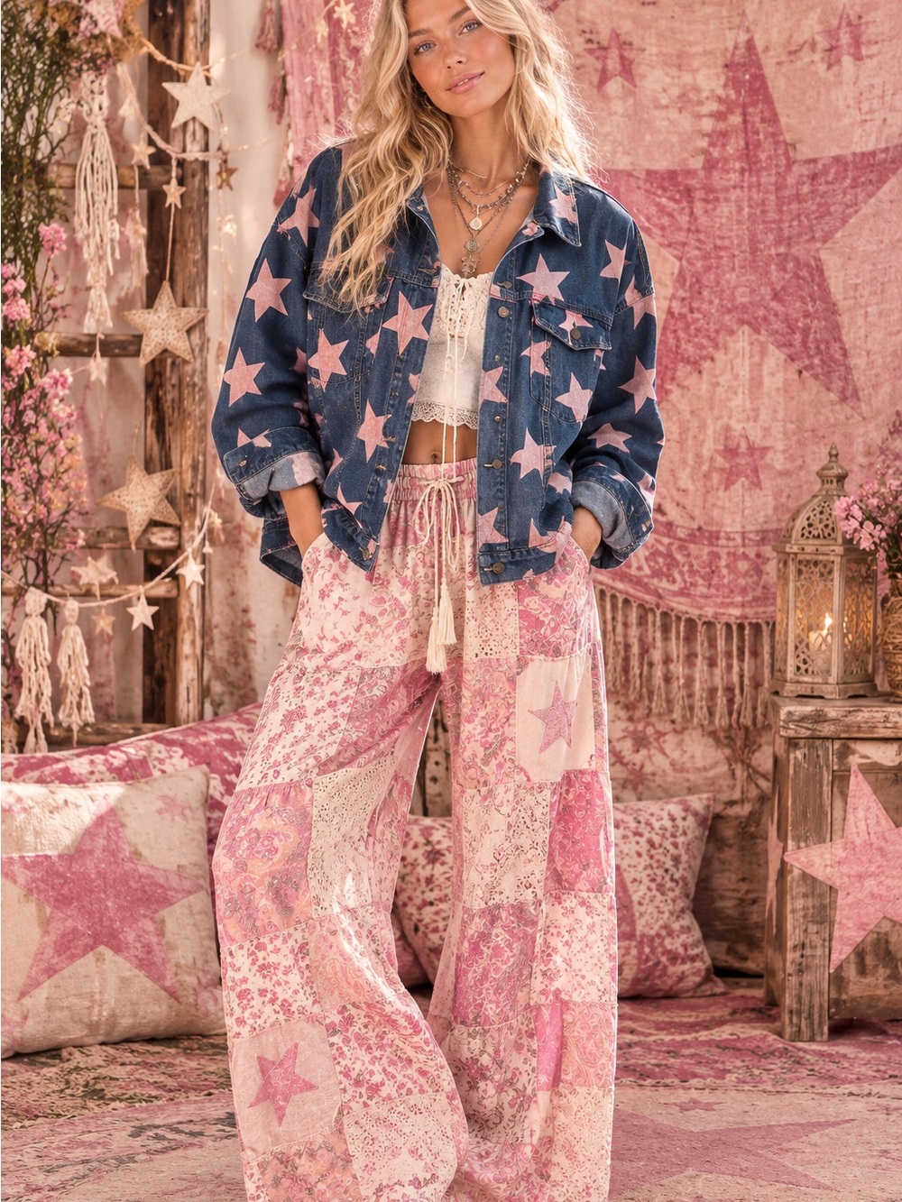 Oddi Star Denim jacket pink star dark blue wash boho
